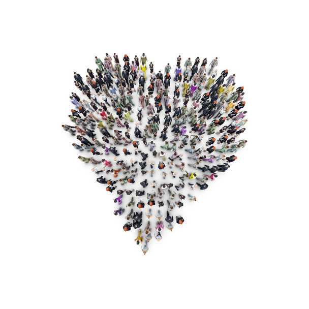 Вид с воздуха на людей, которые группируются в форме сердца. 3D рендеринг
 - Фото, изображение