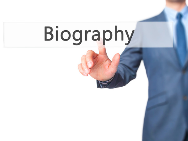 Biografia - biznesmen, naciskając przycisk wirtualne - Zdjęcie, obraz