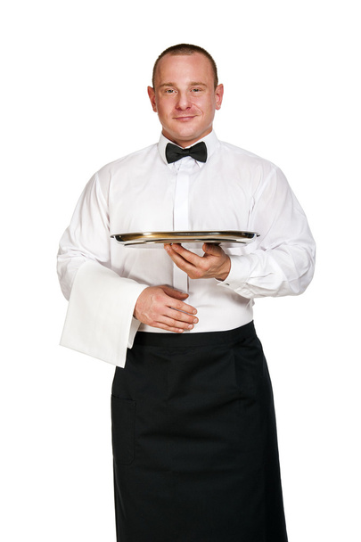 Σερβιτόρος εκμετάλλευση δίσκος. απομονωθεί σε λευκό φόντο. - Φωτογραφία, εικόνα