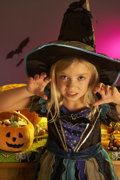 Halloween party with a child wearing scaring costume - Foto, Imagem