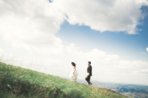 Gorgeous bride and stylish groom walking at sunny landscape, wedding couple, luxury ceremony mountains with amazing view, space for text - Valokuva, kuva