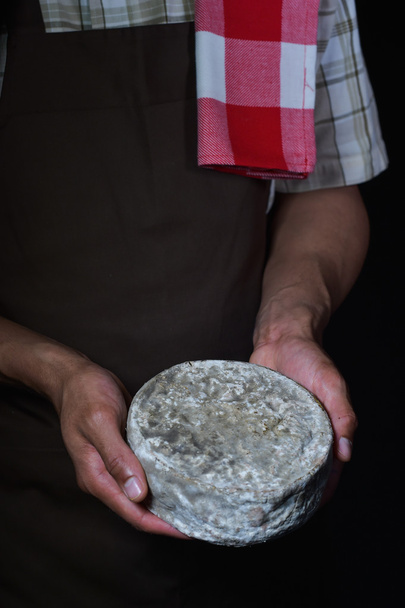 French tomme cheese in the hands of a cheesemaker - Valokuva, kuva