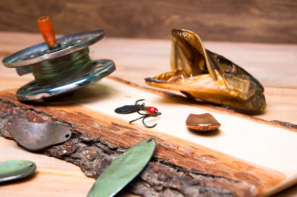The composition of fishing lures, pike and old-fashioned reel - Fotoğraf, Görsel
