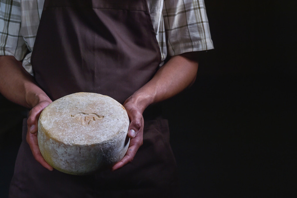 Handsome cheesemaker is checking cheeses in his workshop storage. - Foto, afbeelding