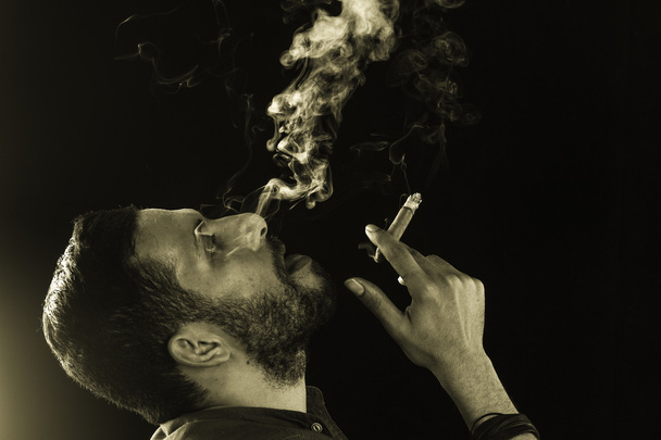 Man Smoking Cigar surrounded by Smoke - 写真・画像