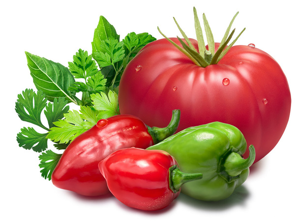 Tomato, habaneros, herbs as design element - Photo, Image