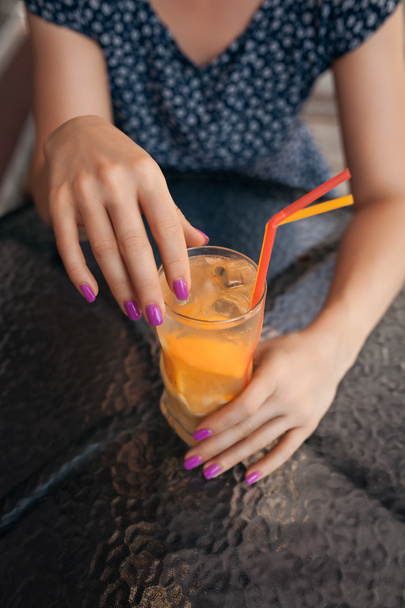 female has lunch with cold lemonade cocktail, - 写真・画像