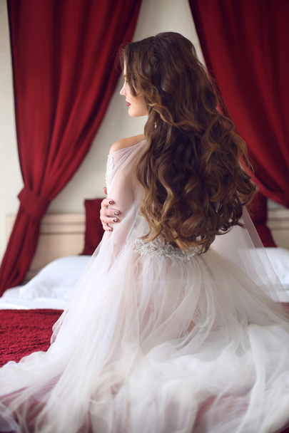Beautiful brunette Bride wedding Portrait with curly hair style  - Zdjęcie, obraz