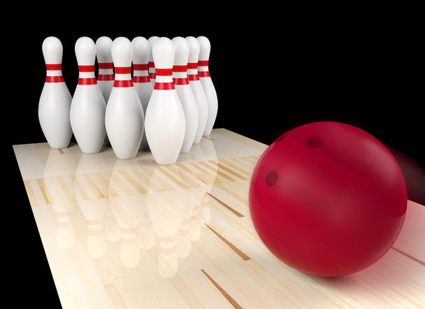 Bowling bal rechtdoor naar pin Bowlen. Indoor sport concept, 3D-rendering  - Foto, afbeelding