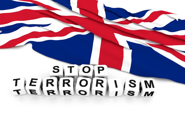 Grote vlag van Groot-Brittannië en schrijf stoppen terrorisme - Foto, afbeelding