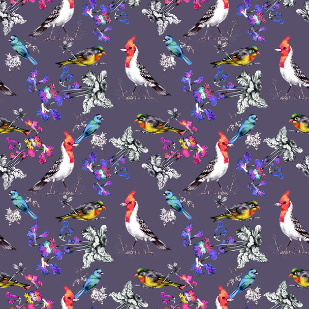 Pattern with beautiful flowers and birds - Zdjęcie, obraz