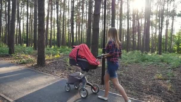 Moeder met baby in buggy wandelen in het park - Video