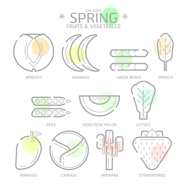 Άνοιξη γραμμή εικονίδια φρούτα και λαχανικά με χρώμα σημείο, το διάνυσμα  - Διάνυσμα, εικόνα