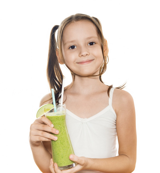 Little girl with green healthy drink isolated - Photo, Image