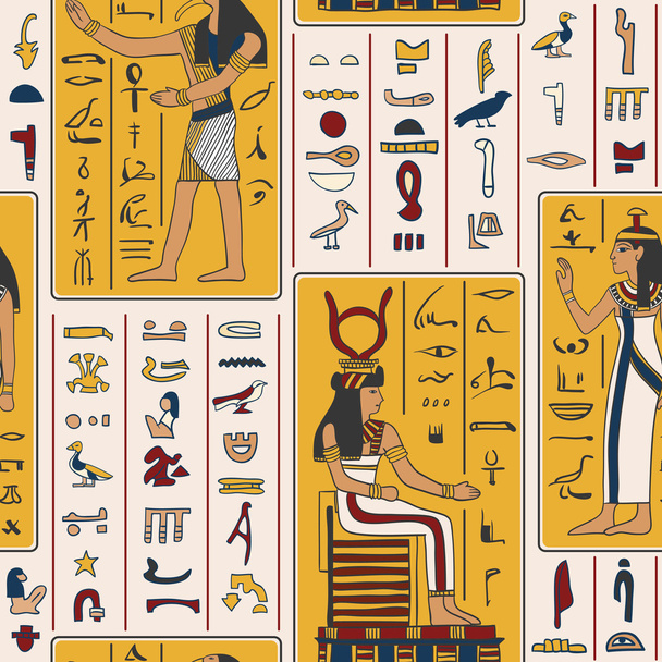 エジプトの神々 と古代エジプトの象形文字のシームレスなパターン。レトロな手書きのベクトル図 - ベクター画像