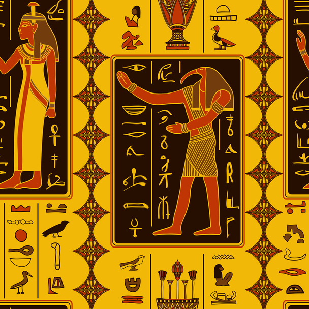 Saumaton kuvio egyptiläisillä jumalilla ja muinaisilla egyptiläisillä hieroglyfeillä. Retrokäsikäyttöinen vektorikuva
 - Vektori, kuva