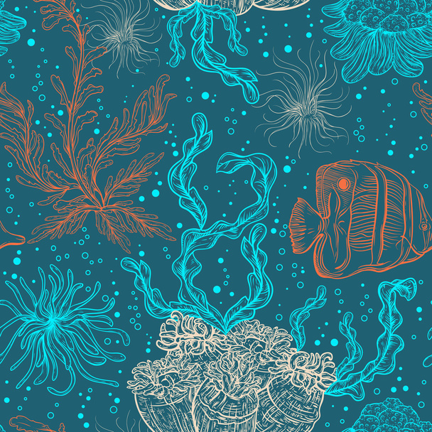 海洋植物、葉、海藻、熱帯魚とのシームレスなパターン。手描きの海洋動植物。ベクトルイラスト . - ベクター画像