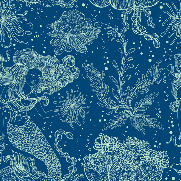 Mermaid, marine plants, corals and seaweed. Vintage seamless pattern with hand drawn marine flora. Vector illustration in line art style.Design for summer beach, decorations. - Vector, Image