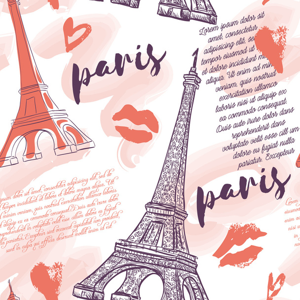 Paříž. Bezproblémové vzory s Eiiffelovou věží, Polibky, srdcí a akvarel. Kreslené vektorové ilustrace. - Vektor, obrázek