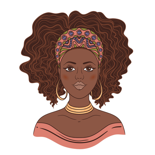 アフリカの女性の肖像画。手描きの背景イラスト. - ベクター画像