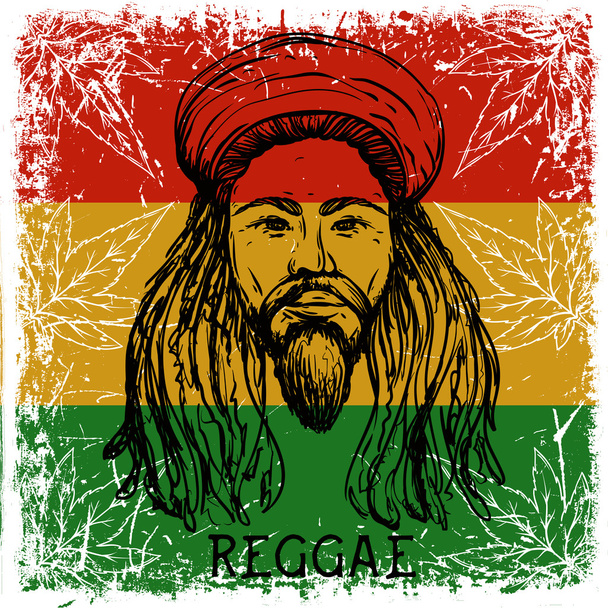 Portret van Rastaman op grunge achtergrond en cannabis bladeren. Jamaica thema. Reggae concept design. Tattoo art. Retro banner, kaart, t-shirt, tas, afdrukken, poster. Hand getekende vector illustratie - Vector, afbeelding