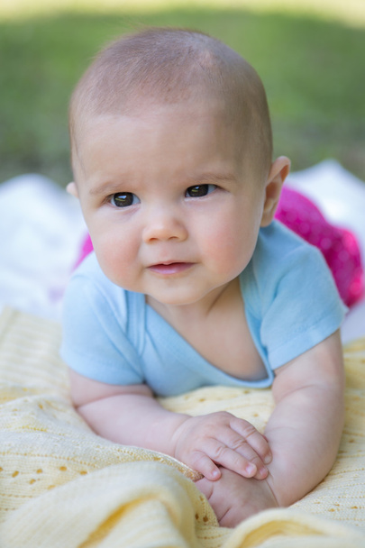 Baby girl crawling on the grass - Foto, Imagen