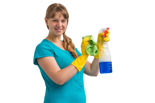 Young smiling housewife woman with cleaning means - Photo, Image