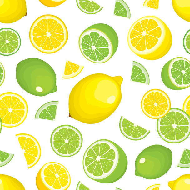 Векторний безшовний фон цитрусових продуктів - лимон і лайм на білому тлі. Цілі фрукти і скибочки. Дизайн обкладинки
.  - Вектор, зображення