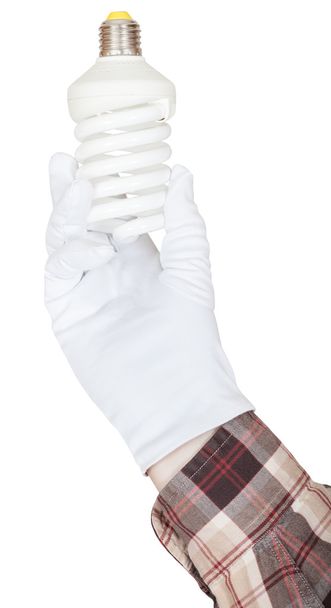 Cfl lamp in shirt en handschoen houdt de hand - Foto, afbeelding
