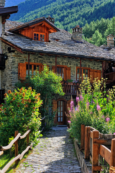 Vecchia architettura alpina con fiori viola e rosa
 - Foto, immagini