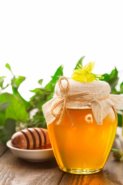 Pot of honey and flowers - Valokuva, kuva