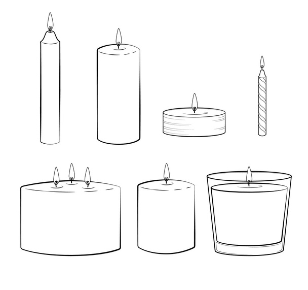 Kerzenständer: Säulenkerze, Behälter- oder Glaskerze, Kegelkerze, Teelichterkerze, Dochtkerze, Partykerze. Einzelne Illustrationen. Vektor. - Vektor, Bild