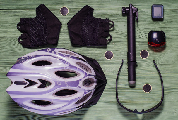Tools and accessories set for cycling, flat lay.  - Photo, Image