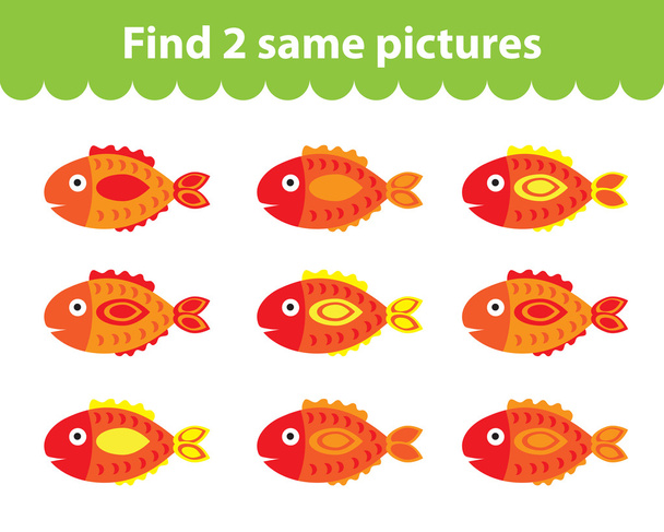 Детская образовательная игра. Найди две одинаковые фотографии. Набор рыбы для игры найти две одинаковые картинки. Векторная иллюстрация
. - Вектор,изображение
