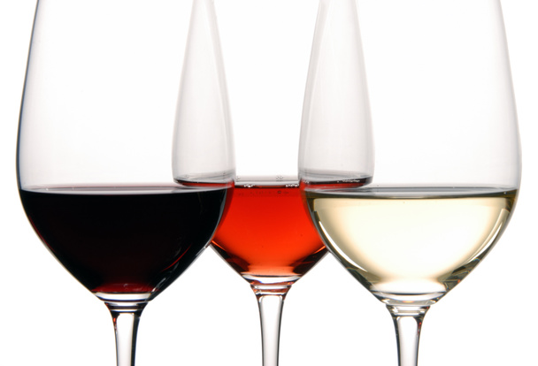 Three Wine Glasses Filled with White, Rosé and White Wine - Zdjęcie, obraz