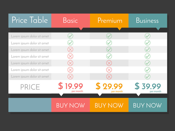 ウェブサイトやアプリケーションのベクトル価格表. - ベクター画像