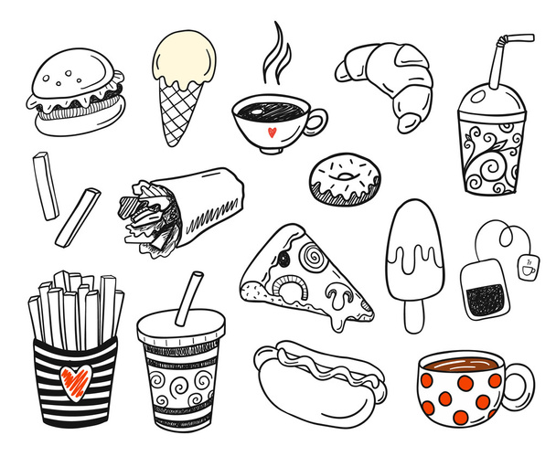 conjunto de fast-food de Doodle - Vetor, Imagem