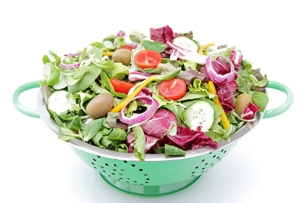 Mixed salad with onions, tomatoes on white background - Foto, Imagem