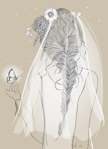 милая невеста с вуалью и косой
 - Вектор,изображение