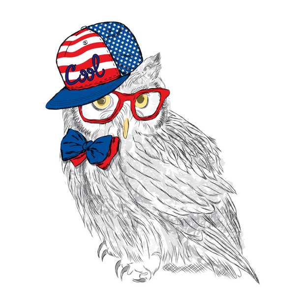 Owl wearing a cap and a tie. Print. Hipster. Painted Bird.  - Vektor, obrázek