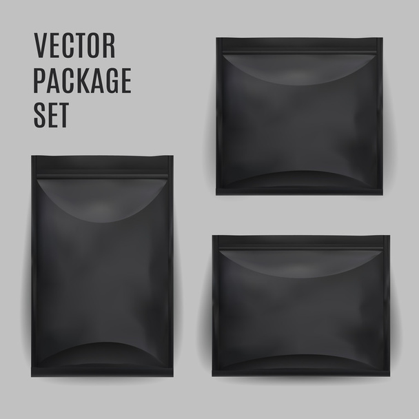 Black Blank Foil Food Snack Sachet Bag Packaging For Coffee, Salt, Sugar, Pepper, Spices, Sachet, Sweets, Chips, Cookies. Vector Mock Up Illustration Isolated. - Vektor, kép