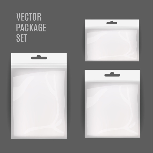 White Blank Plastic Realistic Pocket Bag Set. Hang Slot. Vector Illustration Isolated . Mock Up Template Ready For Your Design. - Vektör, Görsel