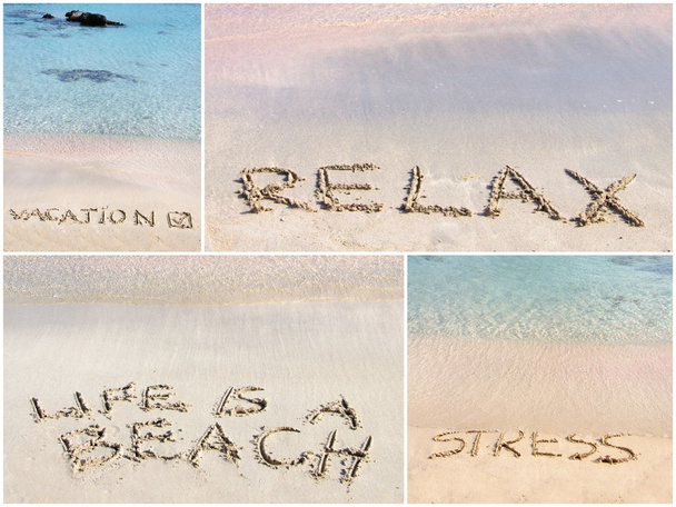 Collage von Entspannungsbotschaften auf Sand geschrieben - Foto, Bild