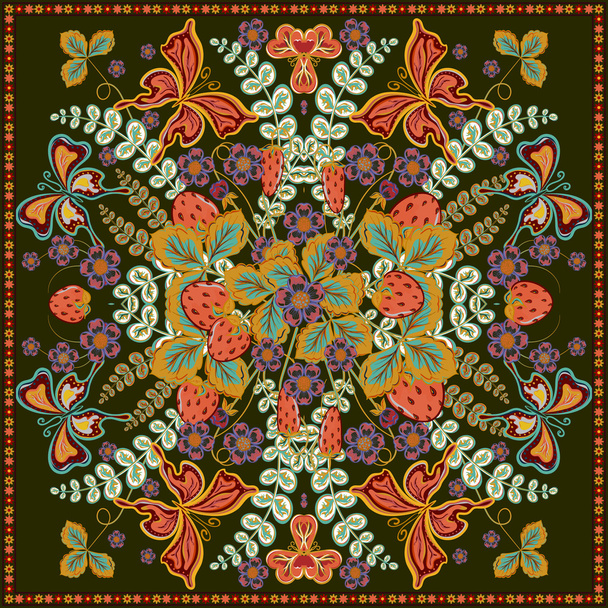 Dekoratív színű virág háttér, eper minta és díszes csipke keretben. Bandanna kendő szövet Print, selyem nyak sál, kendő design, vektor illusztráció. Törzsi etnikai kördíszítés - Vektor, kép