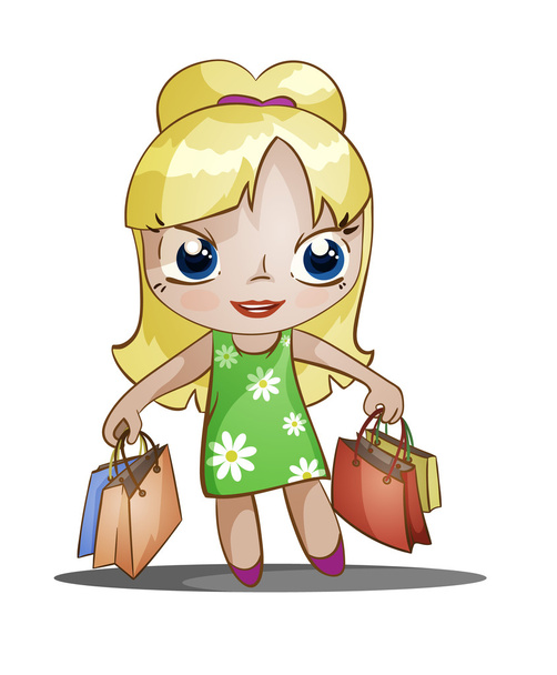 chibi girl with purchases - Vector, Image