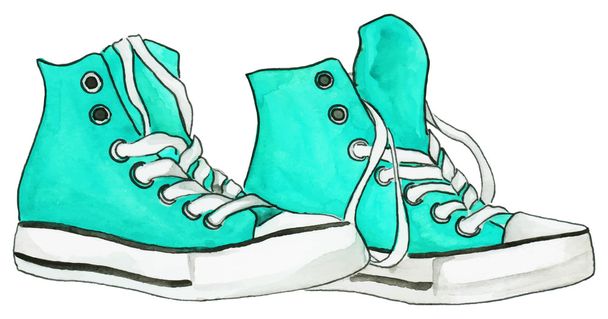 Акварельная мята голубые бирюзовые кроссовки пары обуви изолированный вектор
 - Вектор,изображение