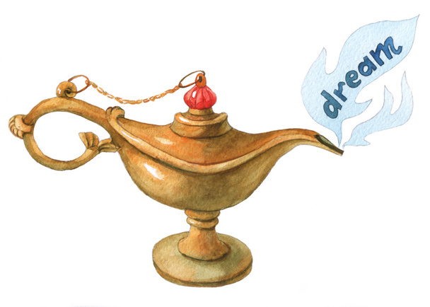 Hand watercolor illustration of magical Aladdin's genie lamp. Dream 1. - Photo, Image