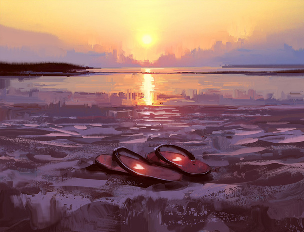 tongs avec de beaux cœurs sur la plage au coucher du soleil
 - Photo, image