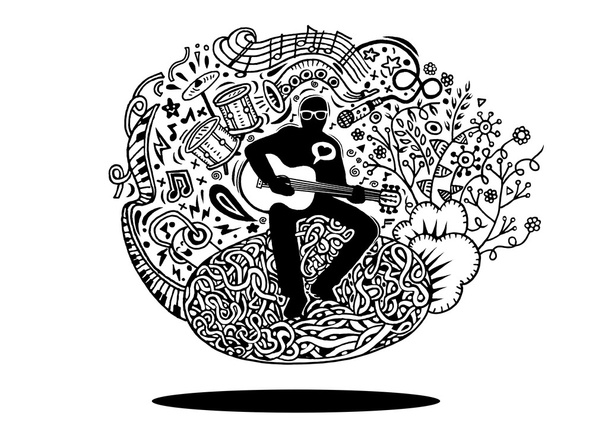 Hand tekening doodles muzikant gitaar spelen en zingt een lied. v - Vector, afbeelding