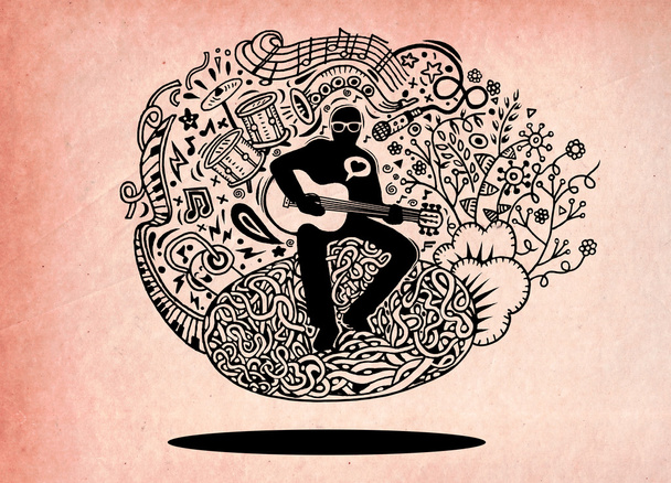 Rysunek ręczny Doodles muzyk grający na gitarze i śpiewa piosenkę. v - Wektor, obraz